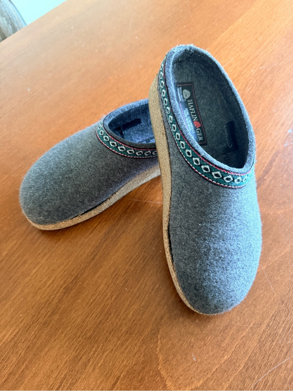 Haflinger Gray Wool Clog Mules with Decorative Trim